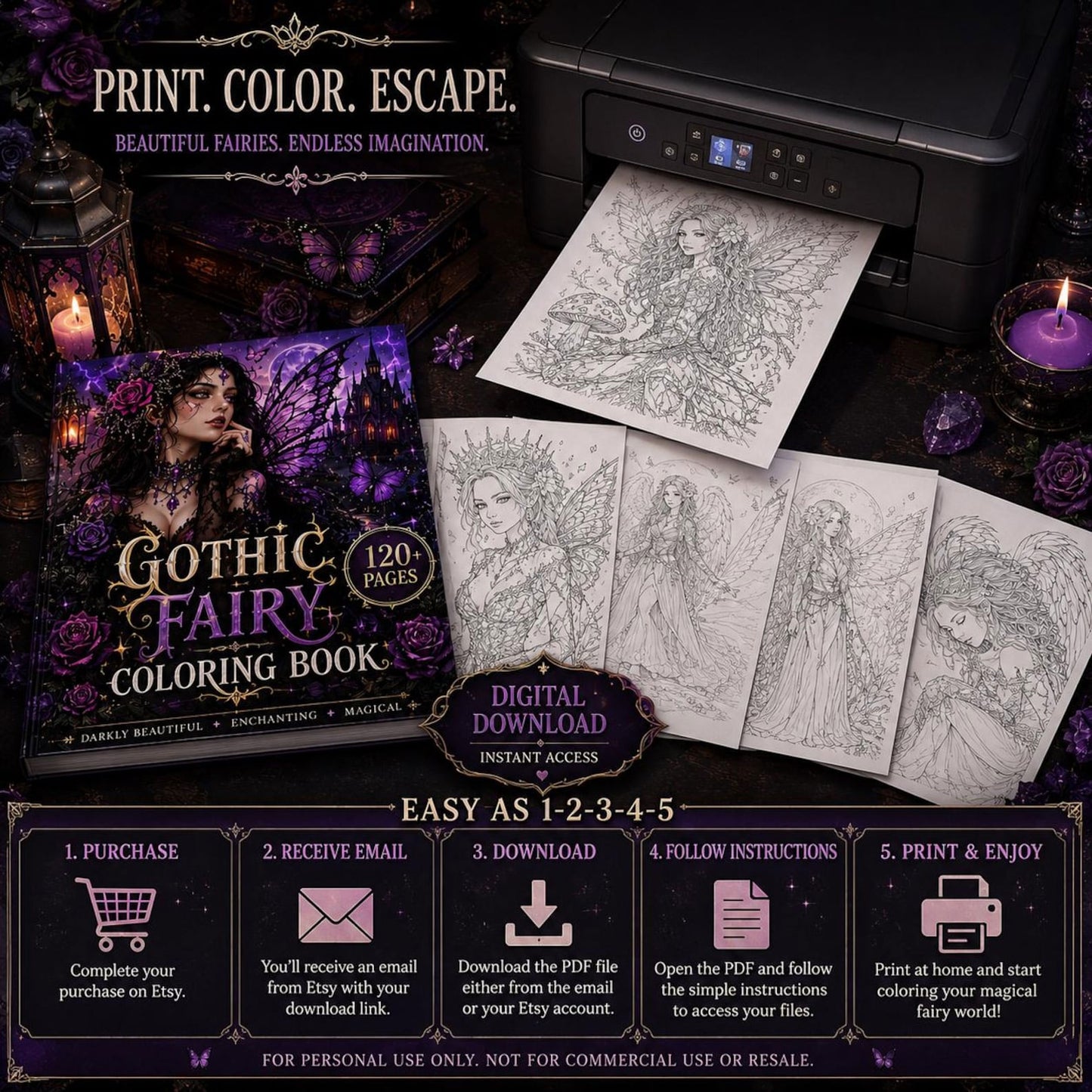 120+ Gothic Coloring Pages Bundle | Adult Gothic Coloring Book | Fantasy Coloring Sheets | Printable PNG Digital Download